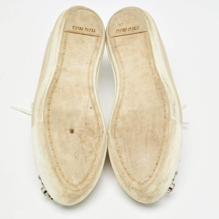 Pre Owned Miu Miu Beige Patent Leather Crystal Embellished Lace Up Sneakers Size 36