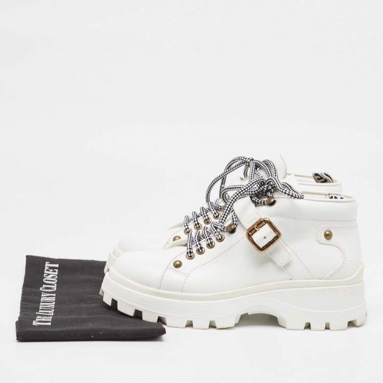 Pre Owned Miu Miu White Leather Lace Up Ankle Boots Size 39