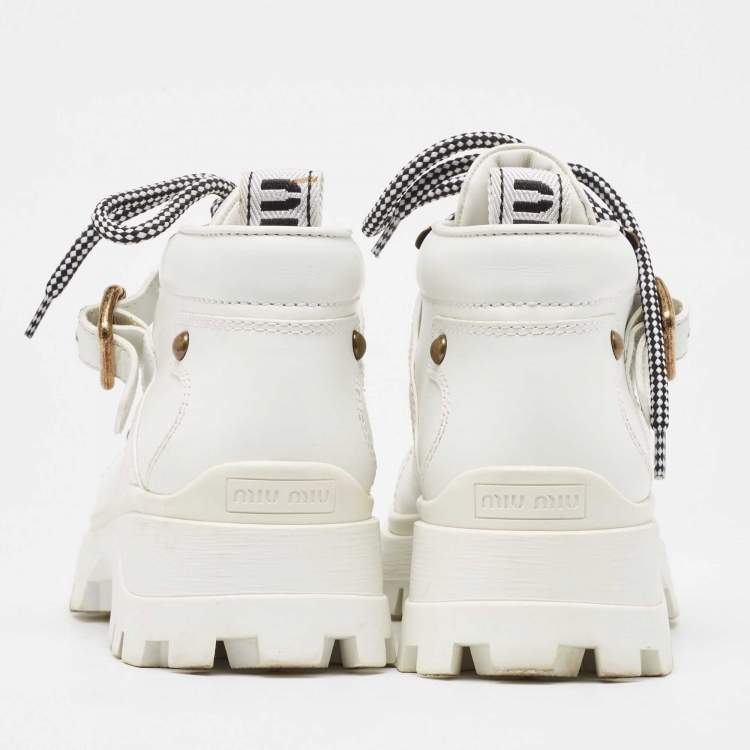 Pre Owned Miu Miu White Leather Lace Up Ankle Boots Size 39