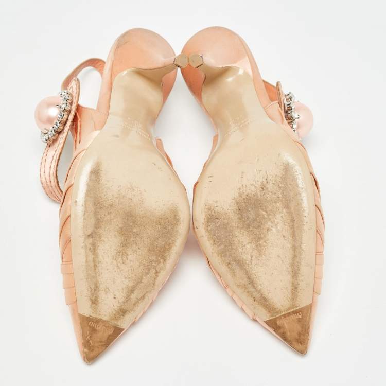 Pre Owned Miu Miu Orange Satin Crystal Embellished Slingback Pumps Size 38.5