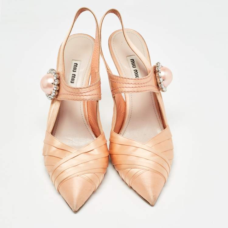 Pre Owned Miu Miu Orange Satin Crystal Embellished Slingback Pumps Size 38.5