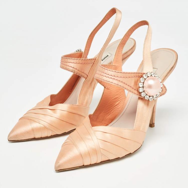 Pre Owned Miu Miu Orange Satin Crystal Embellished Slingback Pumps Size 38.5