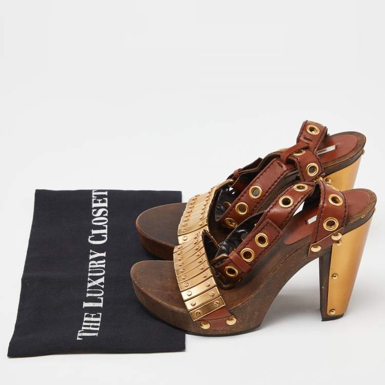 Pre Owned Miu Miu Brown/Gold Leather and Metal Platform Eyelet Ankle Strap Sandals Size 37