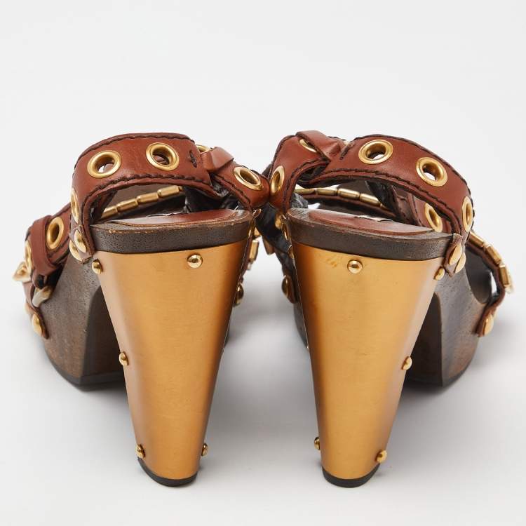 Pre Owned Miu Miu Brown/Gold Leather and Metal Platform Eyelet Ankle Strap Sandals Size 37