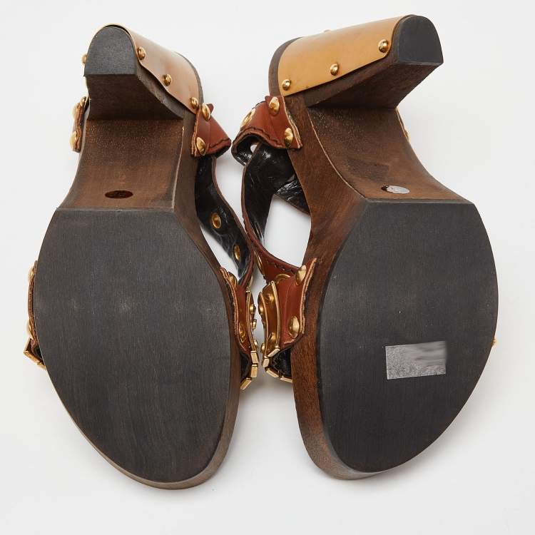 Pre Owned Miu Miu Brown/Gold Leather and Metal Platform Eyelet Ankle Strap Sandals Size 37