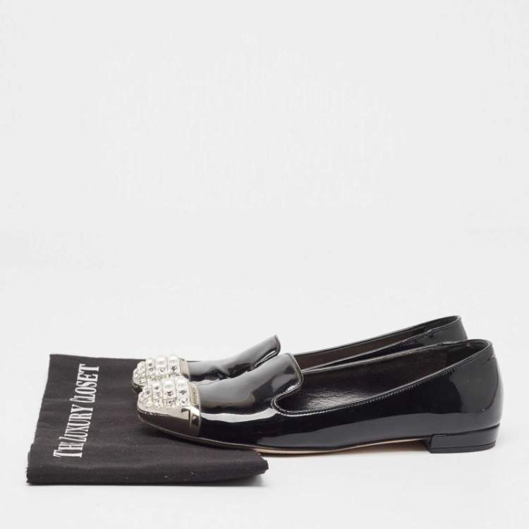 Pre Owned Miu Miu Black  Patent Leather Crystal Embellished Smoking Slippers Size 36