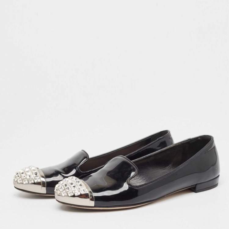 Pre Owned Miu Miu Black  Patent Leather Crystal Embellished Smoking Slippers Size 36