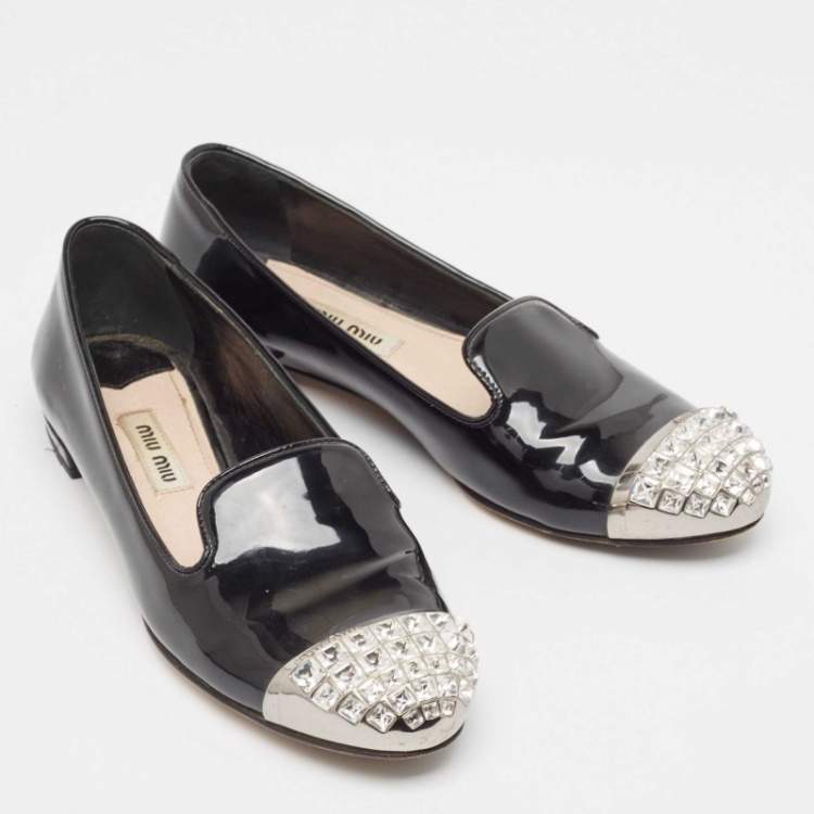 Pre Owned Miu Miu Black  Patent Leather Crystal Embellished Smoking Slippers Size 36