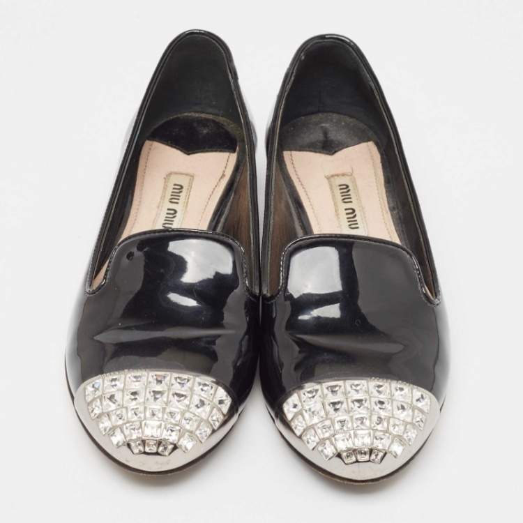 Pre Owned Miu Miu Black  Patent Leather Crystal Embellished Smoking Slippers Size 36