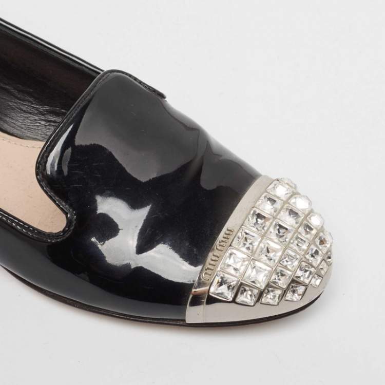 Pre Owned Miu Miu Black  Patent Leather Crystal Embellished Smoking Slippers Size 36