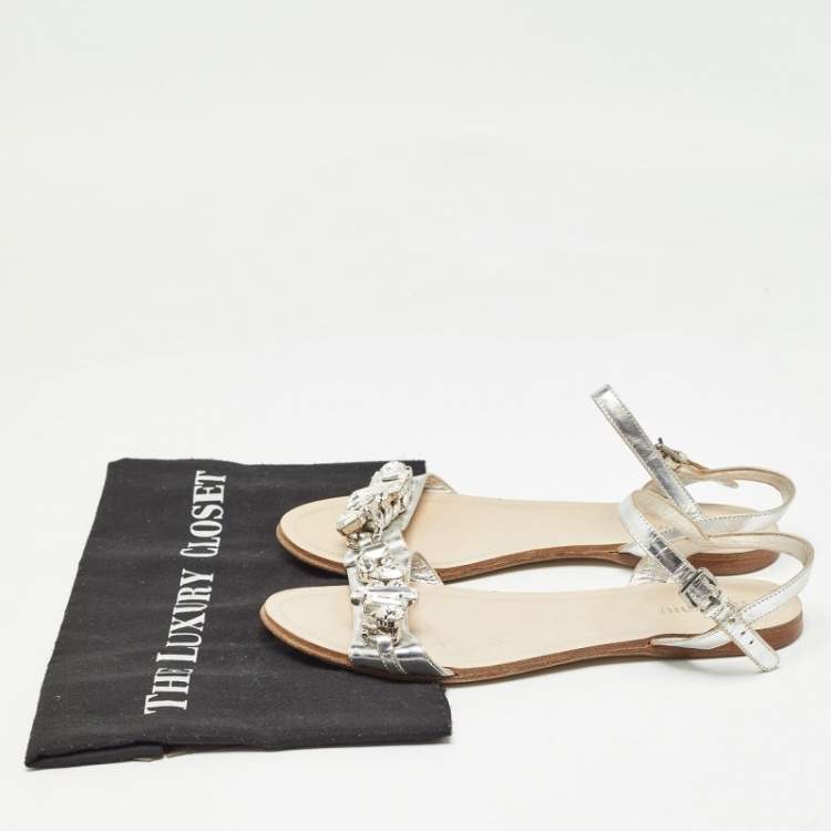 Pre Owned Miu Miu Silver Leather Ankle Strap Sandals Size 37