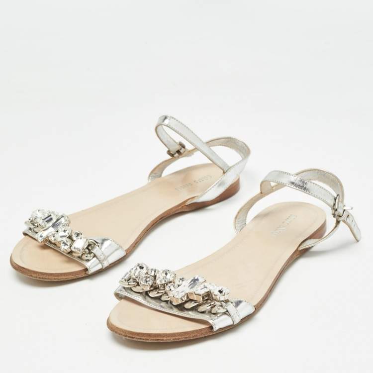 Pre Owned Miu Miu Silver Leather Ankle Strap Sandals Size 37