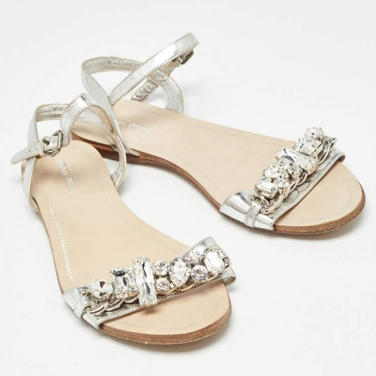 Pre Owned Miu Miu Silver Leather Ankle Strap Sandals Size 37
