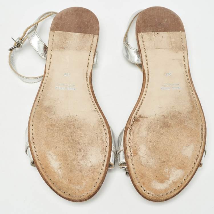 Pre Owned Miu Miu Silver Leather Ankle Strap Sandals Size 37