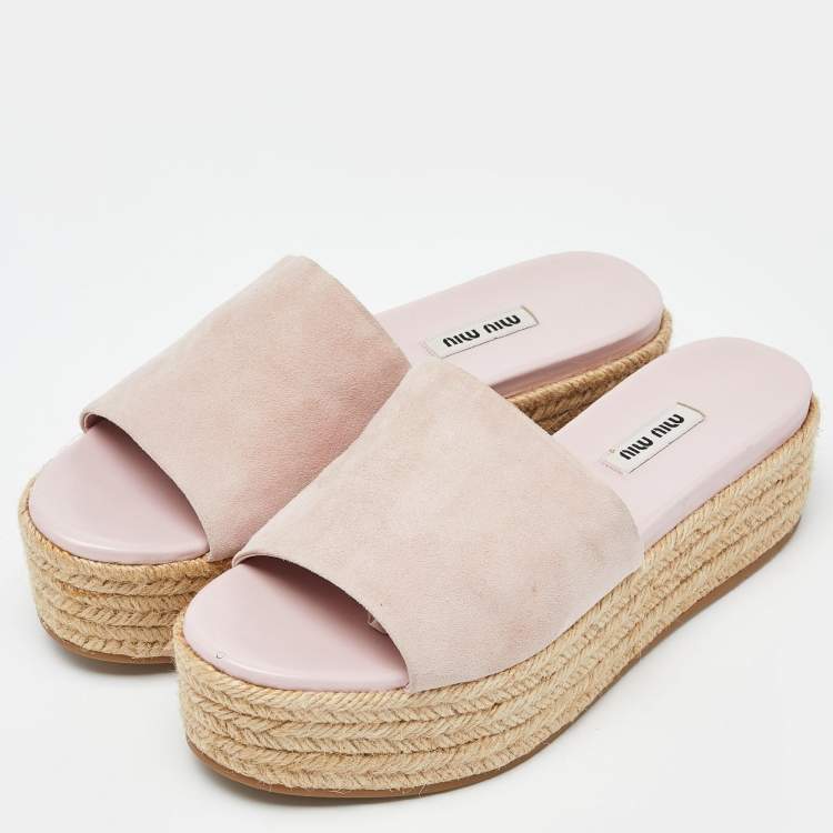 Pre Owned Miu Miu Metallic Pink Suede Espadrille Platform Slide Sandals Size 39