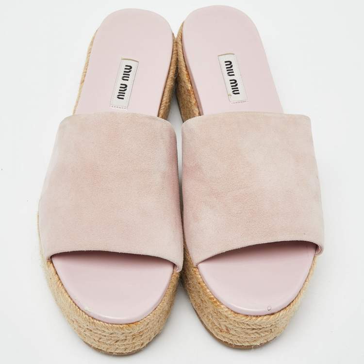 Pre Owned Miu Miu Metallic Pink Suede Espadrille Platform Slide Sandals Size 39