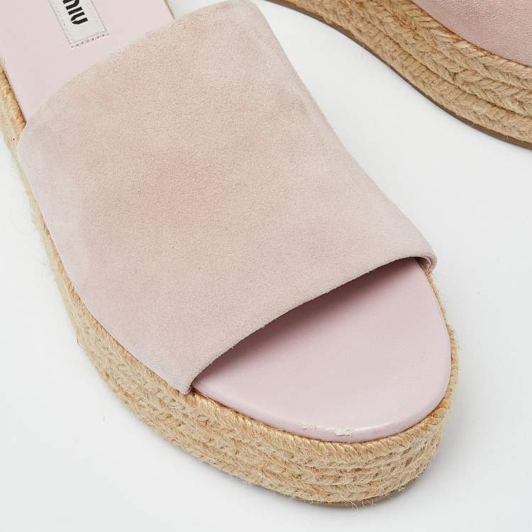 Pre Owned Miu Miu Metallic Pink Suede Espadrille Platform Slide Sandals Size 39