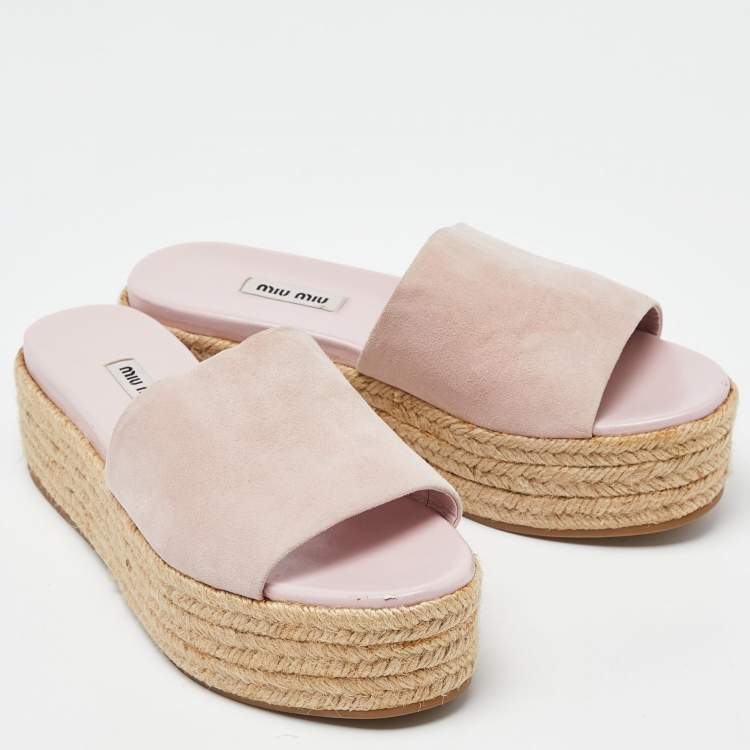 Pre Owned Miu Miu Metallic Pink Suede Espadrille Platform Slide Sandals Size 39