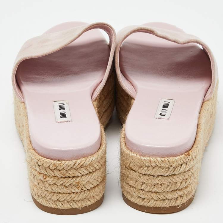Pre Owned Miu Miu Metallic Pink Suede Espadrille Platform Slide Sandals Size 39