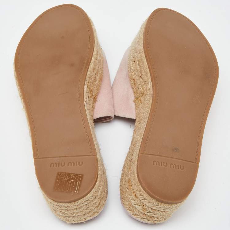 Pre Owned Miu Miu Metallic Pink Suede Espadrille Platform Slide Sandals Size 39