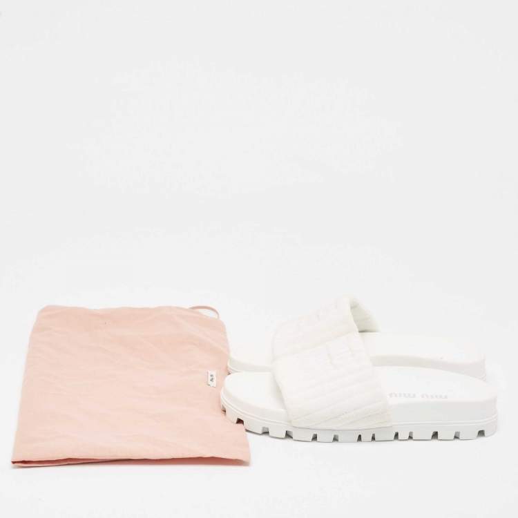Pre Owned Miu Miu White Terry Fabric Logo Embroidered Slides Size 36
