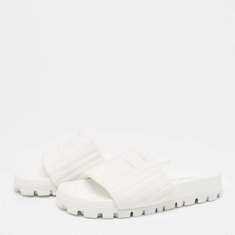 Pre Owned Miu Miu White Terry Fabric Logo Embroidered Slides Size 36