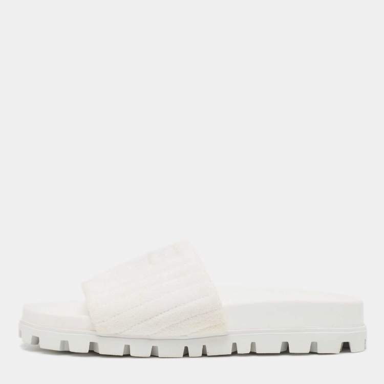 Pre Owned Miu Miu White Terry Fabric Logo Embroidered Slides Size 36