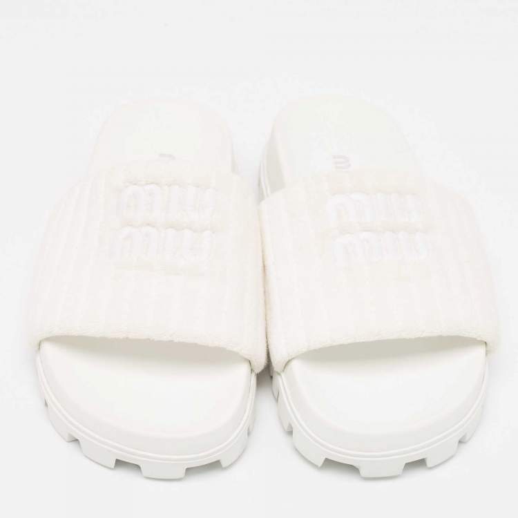 Pre Owned Miu Miu White Terry Fabric Logo Embroidered Slides Size 36