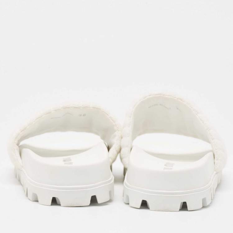 Pre Owned Miu Miu White Terry Fabric Logo Embroidered Slides Size 36