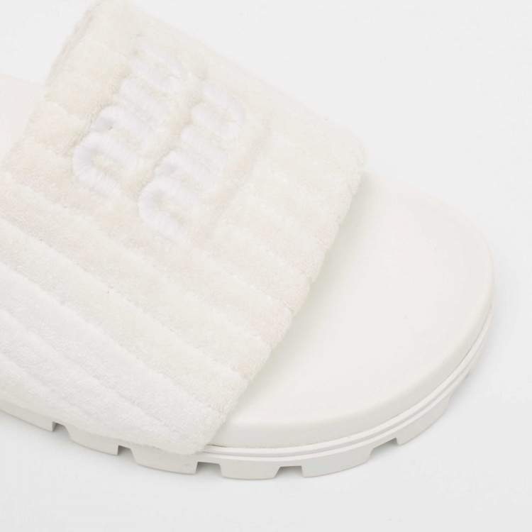 Pre Owned Miu Miu White Terry Fabric Logo Embroidered Slides Size 36