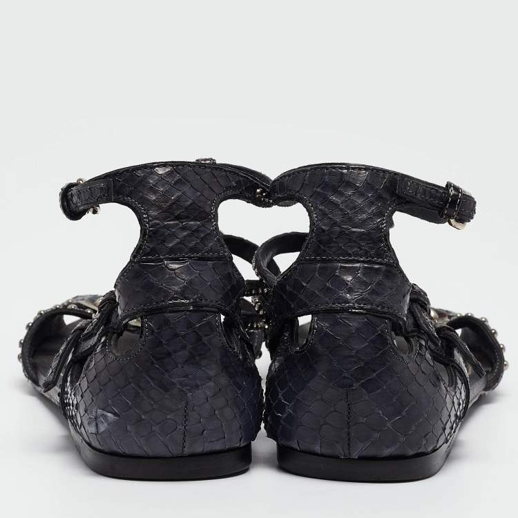 Pre Owned Miu Miu Navy Blue Python Leather Ankle Strap Flat Sandals Size 38.5