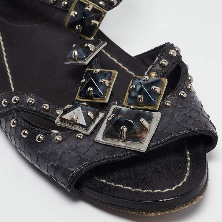 Pre Owned Miu Miu Navy Blue Python Leather Ankle Strap Flat Sandals Size 38.5