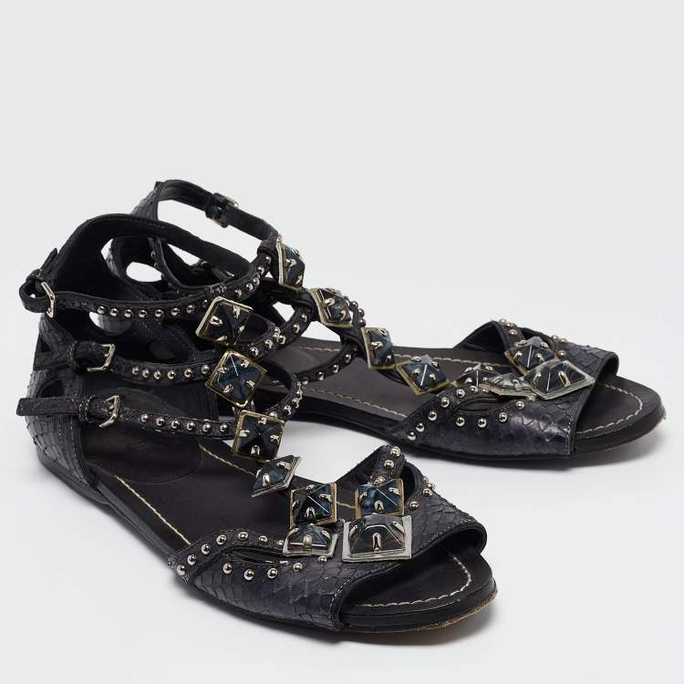 Pre Owned Miu Miu Navy Blue Python Leather Ankle Strap Flat Sandals Size 38.5