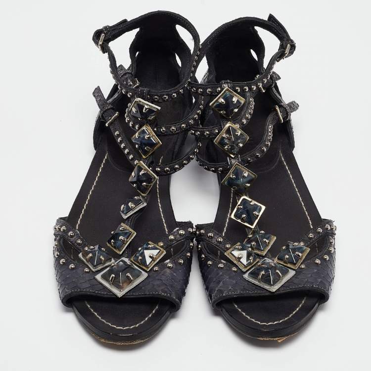 Pre Owned Miu Miu Navy Blue Python Leather Ankle Strap Flat Sandals Size 38.5