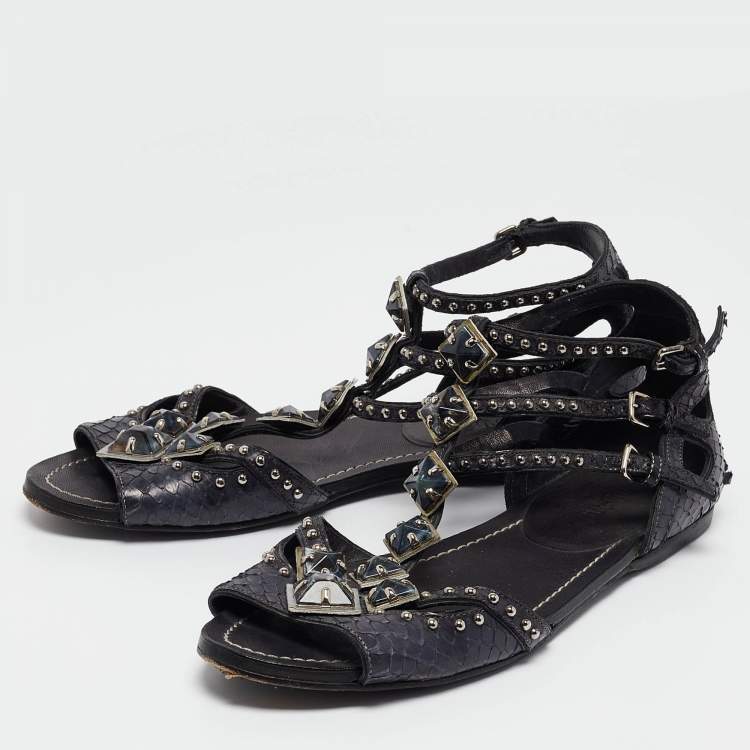 Pre Owned Miu Miu Navy Blue Python Leather Ankle Strap Flat Sandals Size 38.5