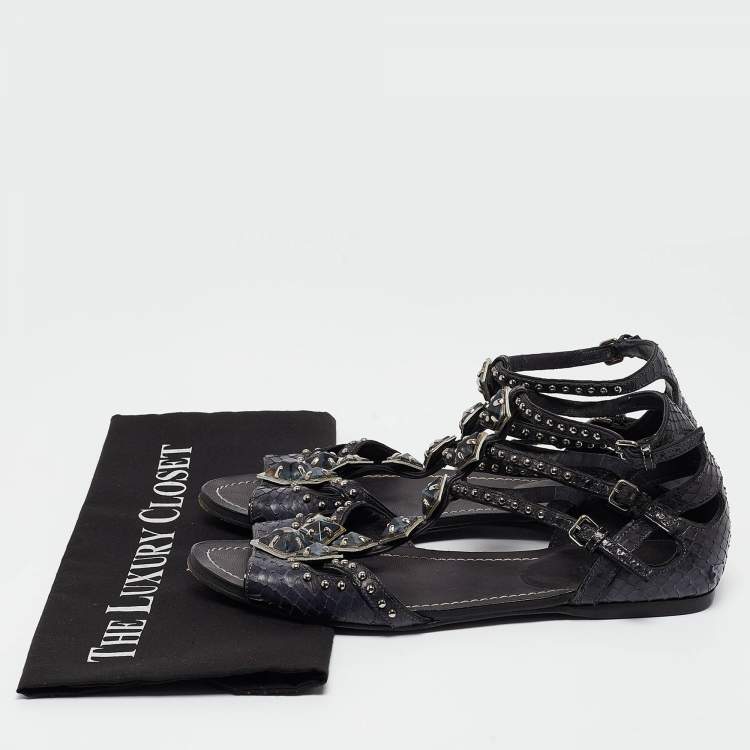 Pre Owned Miu Miu Navy Blue Python Leather Ankle Strap Flat Sandals Size 38.5