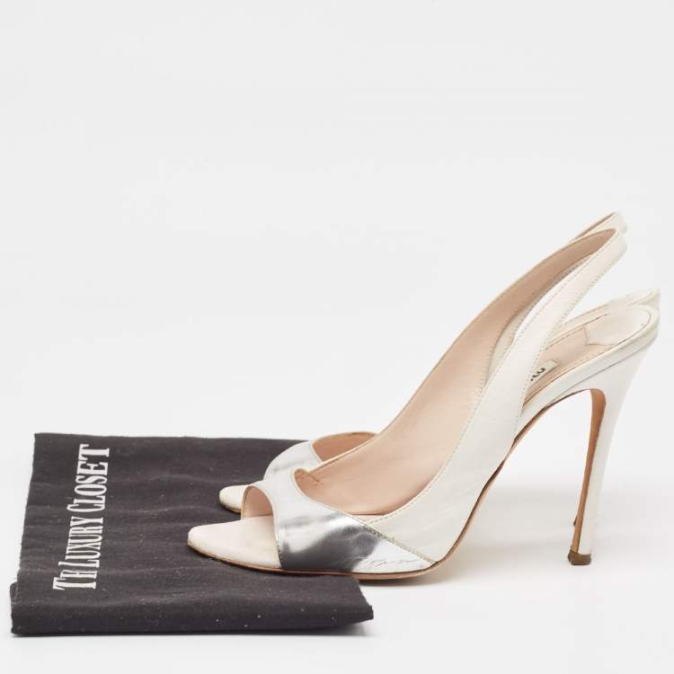 Pre Owned Miu Miu White/Silver Leather Slingback Open Toe Pumps Size 38.5   