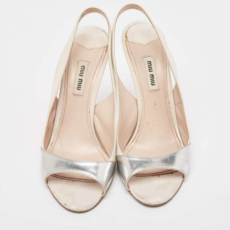 Pre Owned Miu Miu White/Silver Leather Slingback Open Toe Pumps Size 38.5   