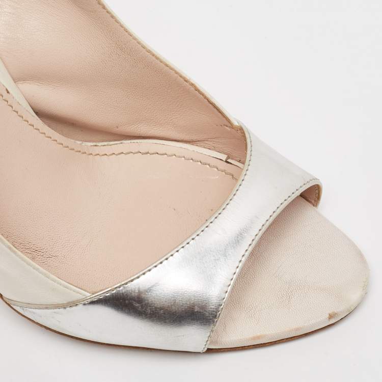 Pre Owned Miu Miu White/Silver Leather Slingback Open Toe Pumps Size 38.5   