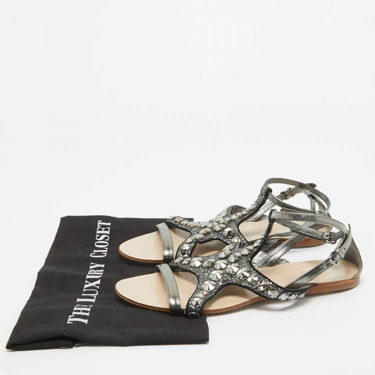 Pre Owned Miu Miu Metallic Leather and Glitter Ankle Strap Flat Sandals Size 39