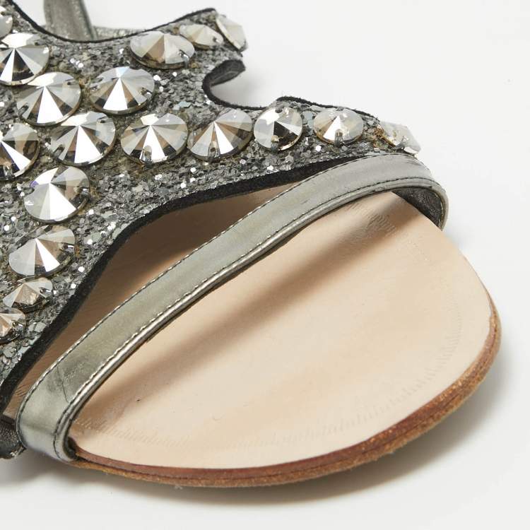 Pre Owned Miu Miu Metallic Leather and Glitter Ankle Strap Flat Sandals Size 39