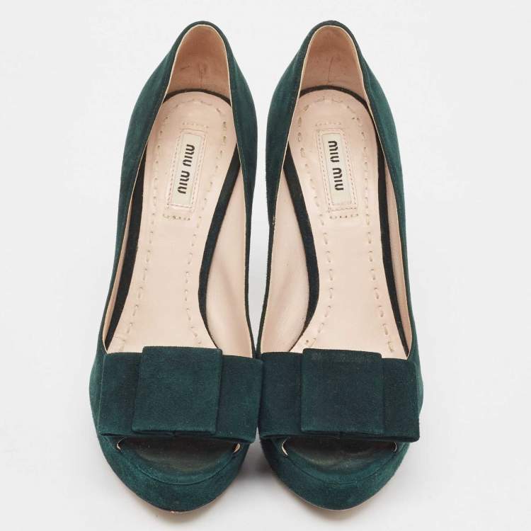 Pre Owned Miu Miu Green Suede Peep Toe Pumps Size 37.5