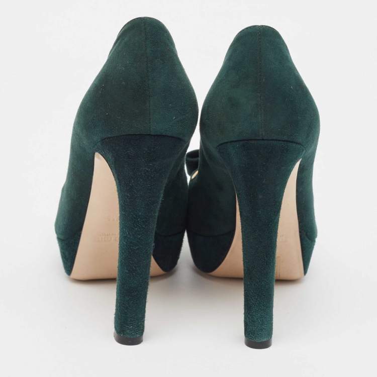 Pre Owned Miu Miu Green Suede Peep Toe Pumps Size 37.5