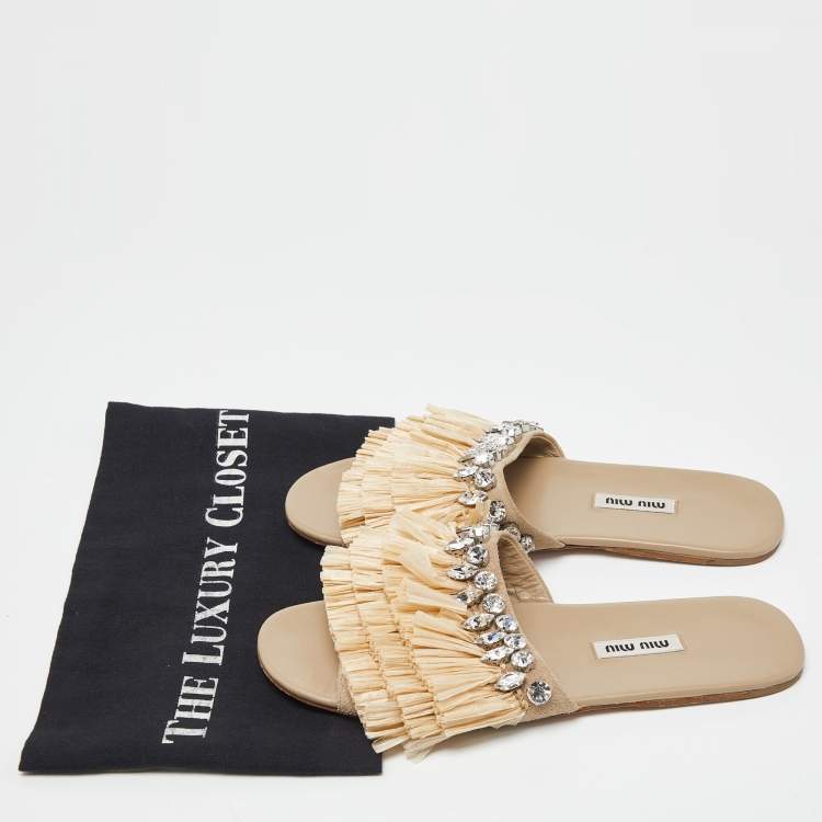 Pre Owned Miu Miu Beige Raffia and Suede Crystals Embellished Slide Flats Size 37