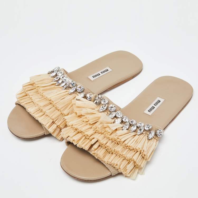 Pre Owned Miu Miu Beige Raffia and Suede Crystals Embellished Slide Flats Size 37