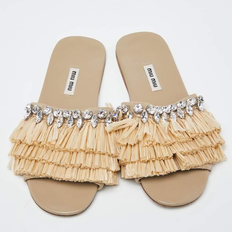 Pre Owned Miu Miu Beige Raffia and Suede Crystals Embellished Slide Flats Size 37