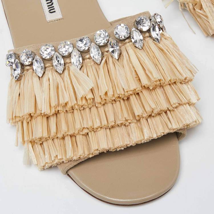 Pre Owned Miu Miu Beige Raffia and Suede Crystals Embellished Slide Flats Size 37