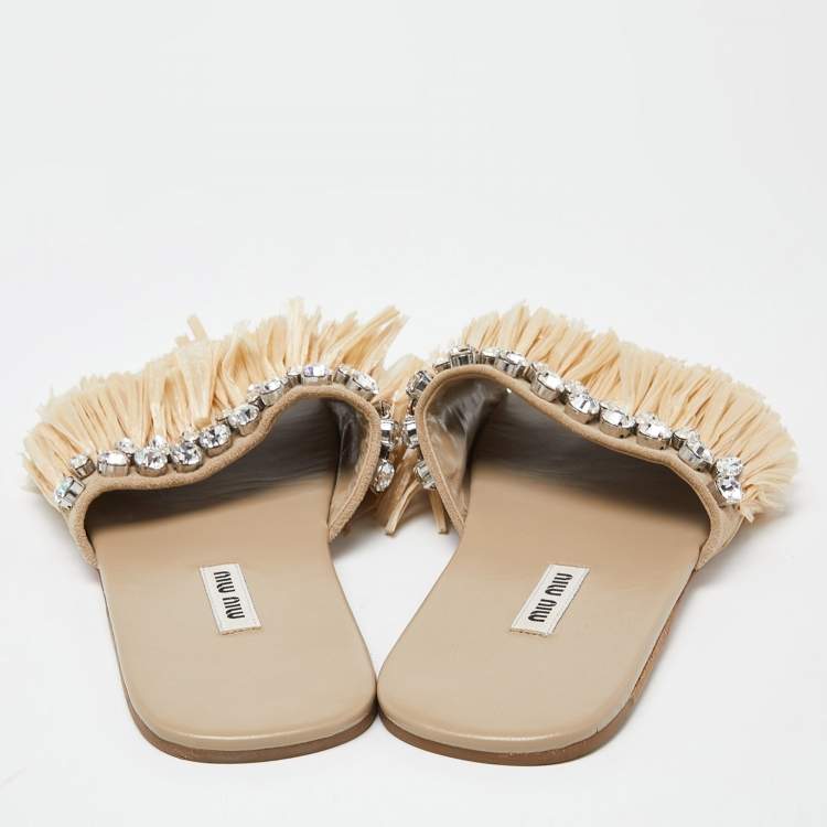 Pre Owned Miu Miu Beige Raffia and Suede Crystals Embellished Slide Flats Size 37