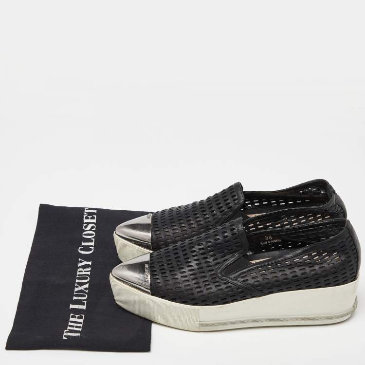 Pre Owned Miu Miu Black Perforated Leather Metal Cap Toe Slip On Sneakers Size 38