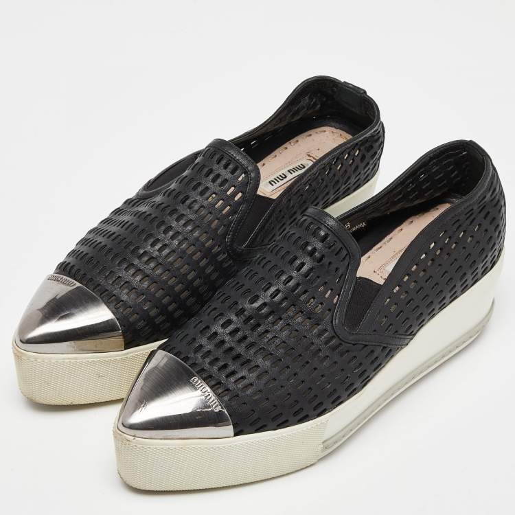 Pre Owned Miu Miu Black Perforated Leather Metal Cap Toe Slip On Sneakers Size 38